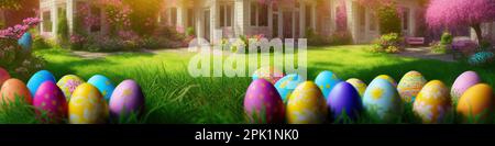 Fresh spring background with easter eggs banner green juicy meadow. Colored Easter eggs hidden flowers grass.Easter concept. Spring summer background with fresh grass against blue sky with. Stock Photo