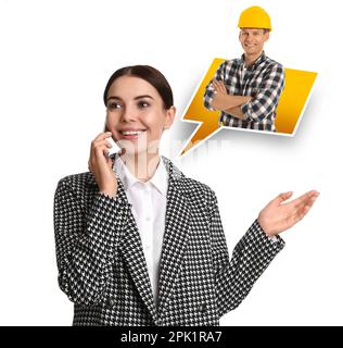 Young woman calling professional repairman on white background Stock Photo