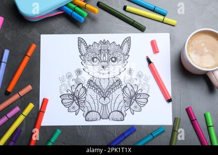 Felt Tip Pen on Antistress Coloring Page, Top View Stock Image