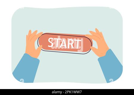 Human hands holding red start button with fingers Stock Vector