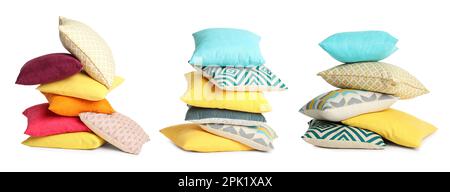 Set with different stylish decorative pillows on white background. Banner design Stock Photo