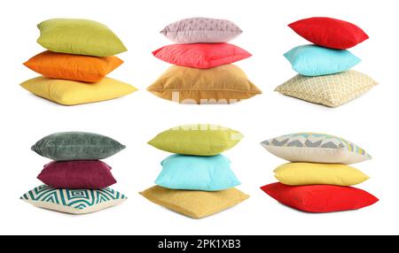 Set with different stylish decorative pillows on white background Stock Photo