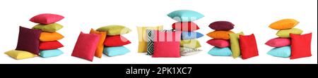 Set with different stylish decorative pillows on white background. Banner design Stock Photo