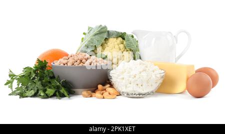 Set of natural food high in calcium on white background Stock Photo