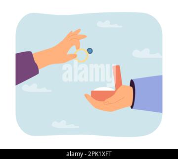 Female hand holding engagement ring flat vector illustration Stock Vector