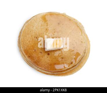 Tasty pancakes with butter and honey on white background, top view Stock Photo