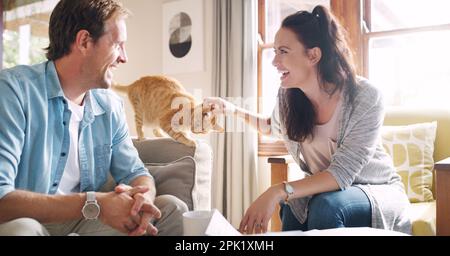 Hes stubborn just like you. an affectionate young woman laughing with her husband while petting her cat in their living room. Stock Photo