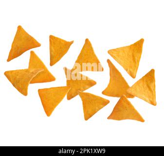 Tasty tortilla chips (nachos) falling on white background Stock Photo