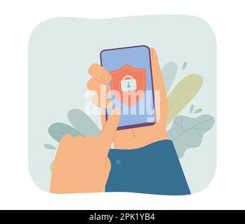 Shield with lock on phone screen in human hand Stock Vector