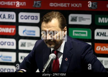 Saint Petersburg, Russia. 04th Apr, 2023. Sergei Fedorov, head coach of the  CSKA hockey club speaks at a press conference after the match of the  Kontinental Hockey League, Gagarin Cup, match 2