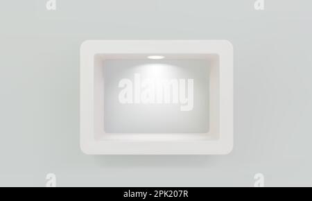 Empty white rounded rectangular shelf or niche on wall with led spotlight mockup. Shop, gallery plastic or wooden showcase to present product. Blank r Stock Vector