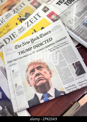 New York City, New York - April 4, 2023: Headlines of newspapers in New York report on the previous days announcement of former President Donald Trump Stock Photo