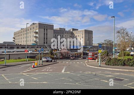 The north face and main entrance to Derriford Hospital Plymouth. Regular bus services. Stock Photo