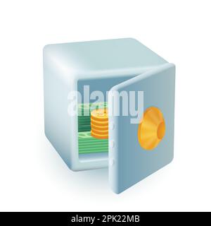 Gold coins and banknotes in vault 3d cartoon style icon Stock Vector