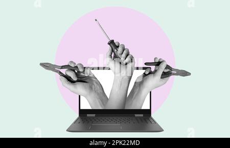Art collage, hands with tools from a laptop on light background with space for text. The concept of working with different activities. Stock Photo