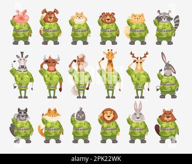 Cute animal soldiers in camouflage cartoon illustration set Stock Vector