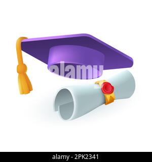 Graduation cap and diploma with seal 3D icon Stock Vector
