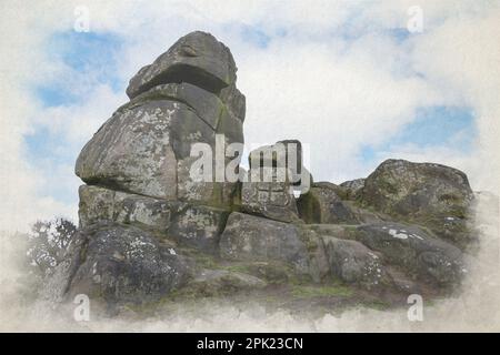 Digital watercolour painting of Robin Hood's Stride limestone way rock formation in the Derbyshire Dales, Peak District National Park, UK. Stock Photo