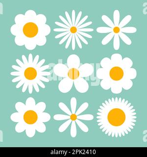 Various white daises on blue background cartoon illustration set Stock Vector