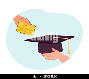 Hands holding credit card and graduate cap Stock Vector