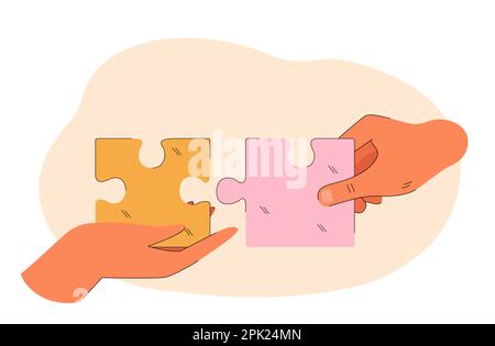 Hands holding and connecting two puzzle pieces together Stock Vector