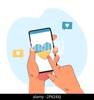 Hand holding phone with heart in blue and yellow colors Stock Vector
