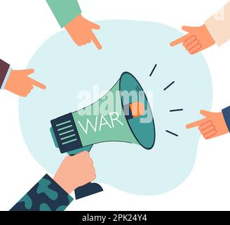 Peoples fingers pointing at megaphone with war word Stock Vector