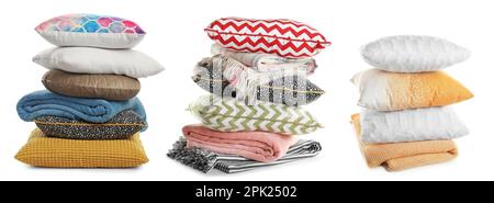 Set with different stylish decorative pillows on white background. Banner design Stock Photo
