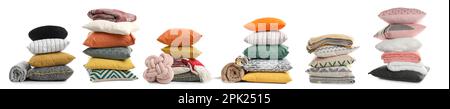 Set with different stylish decorative pillows on white background. Banner design Stock Photo