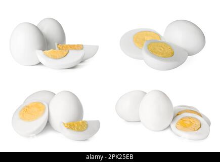Set with tasty hard boiled eggs on white background Stock Photo