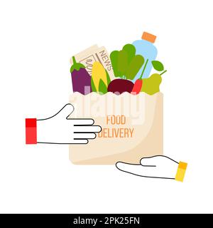 Online shopping, Food delivery. Icons to express, delivery Home. hands pass a package of fruits, vegetables to other hands. Vector illustration Stock Vector