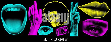 Collage design elements in trendy dotted pop art style. Retro halftone effect. Mouth, hand, eye, skull, lips. Vector illustration with vintage grunge Stock Vector