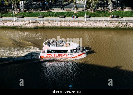 Bilbao, Spain -April 3rd, 2023: Boat tour on Nervion River in Bilbao Stock Photo