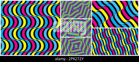 Wavy pattern with optical illusion. Optic art illustration of color rectangles. Abstract striped background. 3d vector illustration for brochure, cove Stock Vector