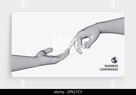 Business event invitation template. Hands reaching towards each other. Concept of human relation or partnership. Illustration for online courses, mast Stock Vector