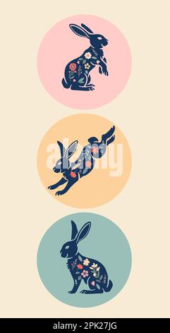 Poster with silhouettes of rabbits, spring flowers and colored eggs. Vector flat illustration. Holiday banner, flyer or congratulations voucher, broch Stock Vector