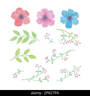 Botanical flowers and leaves, colourfull hand drawn watercolor vector illustration for greeting card or invitation design Stock Vector