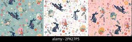 set of Happy Easter seamless pattern. Trendy Easter design with typography, hand drawn strokes and dots, eggs and bunny in pastel colors. Modern minim Stock Vector
