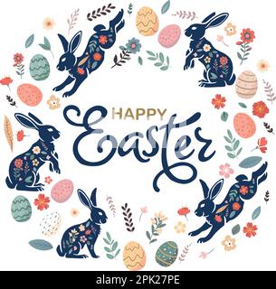 Poster with silhouettes of rabbits, spring flowers and colored eggs. Vector flat illustration. Holiday banner, flyer or congratulations voucher, broch Stock Vector