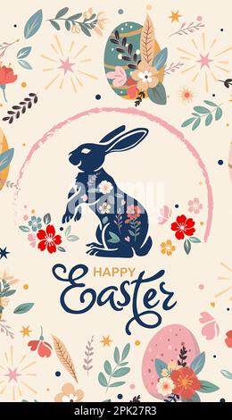 poster for stories, spring flowers and colored eggs. Vector flat illustration. Holiday banner, flyer or congratulations voucher, brochure template lay Stock Vector