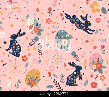 Happy Easter seamless pattern. Trendy Easter design with typography, hand drawn strokes and dots, eggs and bunny in pastel colors. Modern minimalist s Stock Vector