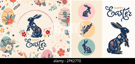 Happy Easter set of banners, greeting cards, posters, holiday covers. Trendy doodle design with typography, hand drawn strokes, dots and eggs in paste Stock Vector
