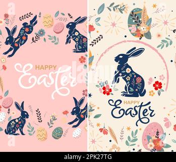 Happy Easter set of banners, greeting cards, posters, holiday covers. Trendy doodle design with typography, hand drawn strokes, dots and eggs in paste Stock Vector