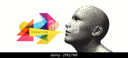 Art composition. Abstract transparency geometrical background. Digital human head constructing from dots. Cover design template for presentation, bann Stock Vector