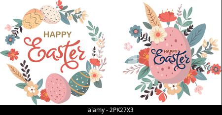 Happy Easter set of banners, greeting cards, posters, holiday covers. Trendy doodle design with typography, hand drawn strokes, dots and eggs in paste Stock Vector