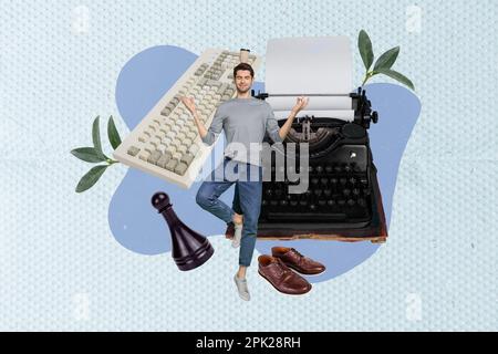 Collage absurd photo picture artwork magazine sketch of funny man abstracting after work enjoy break pause isolated on painted background Stock Photo