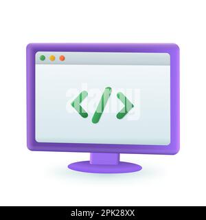 3d cartoon style coding symbol icon on computer screen Stock Vector