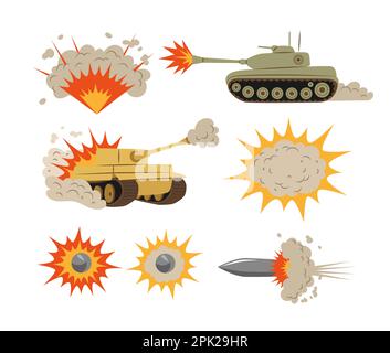 Shooting tanks and explosions vector illustrations set Stock Vector