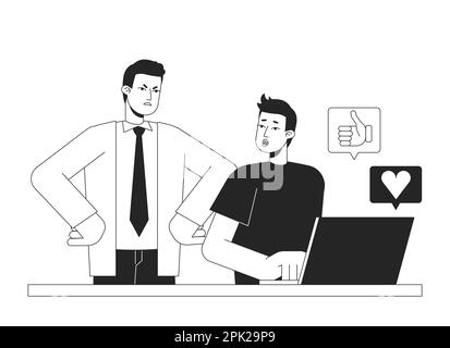 Social media distractions at work black and white concept vector spot illustration Stock Vector
