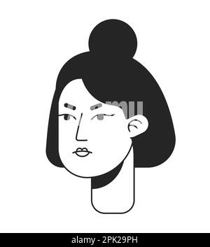 Dissappointed woman with knot bun monochromatic flat vector character head Stock Vector